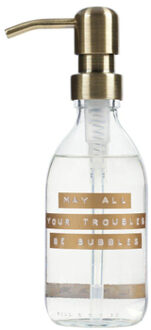 WELLmark Handzeep helder glas messing pomp 250ml tekst MAY ALL YOUR TROUBLES BE BUBBLES Brons label 8720618459435