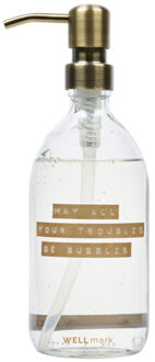 WELLmark Handzeep helder glas messing pomp 500ml tekst MAY ALL YOUR TROUBLES BE BUBBLES Brons label 8720618459282 Messing/helder (goud)