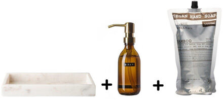 WELLmark Marble giftset - tray 30x12x3.5cm - Marmer Wit - Handzeep 250ml - navulling 1 liter bamboo SW547750 / SW454599 / SW454652 Wit mat