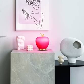 Wendy LED tafellamp, rood/goud, appelvorm, glas, dimbaar rood, gesatineerd messing