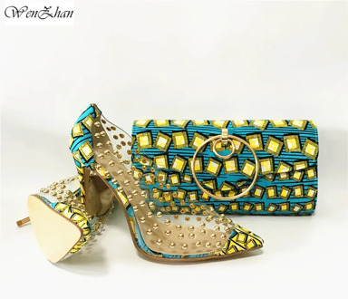 WENZHAN Fashion High Heel Shoes With Matching Women Clutch Handbag Shoulder Bags Hottest Made by African wax fabric prints 10-9