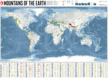 Wereldkaart Mountains of the Earth | Bergen van de Wereld | 140 x 100 cm | Marmota Maps
