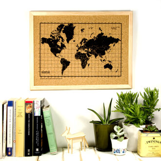 Wereldkaart Prikbord - Kurk met Houten Frame - Naturel/Zwart - 40x30 cm