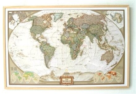 Wereldkaart van kurk World antiek map | Op kurkbord met houten frame + 12 vlagspelden | 90 x 60 cm | National Geographic