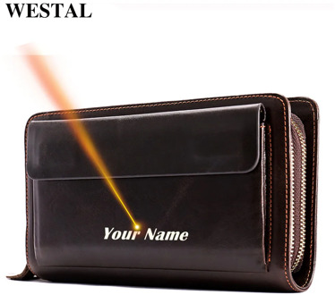 WESTAL Laser engraved Clutch Male Genuine Leather Men's Wallet Purse for Men Coin/Phone Wallets Long Wallet for Cards Money Bags