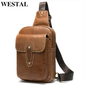 WESTAL men's leather sling bag for men's chest bag designer luxury brand men's bags chest pack for men's shoulder bag zip flaps