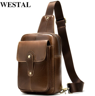 WESTAL men's sling bag genuine leather shoulder bag for male messenger pocket chest bags single strap men crossbody bags 8573