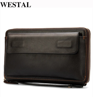 WESTAL Men's Wristlets Genuine Leather Clutch Bags Zip Knucklebox Fashion Evening Bags Large Capacity Wristlets with handle 9043