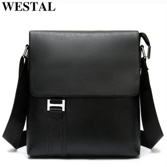 WESTAL Name Laser Men's Shoulder Bag Genuine Leather Crossbody Bags for Men Black Messenger Bag Cover Shoulder Leather Man Bags