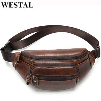 WESTAL Waist Bag Men's Genuine Leather Fanny Pack Belt Bag Men Leather Phone Bags Travel Waist Pack Male Small Hip/Bum Bags 8591