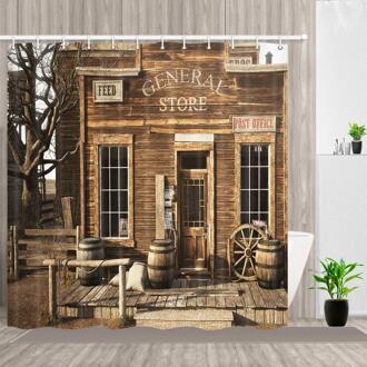 Western Cowboy Boerderij Badkamer Douche Gordijnen, Rustieke Houten Winkel In Landelijke Stad, Polyester Bad Gordijn, stof Hout Douche 165X180cm