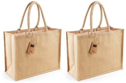 Westford Mill 2x stuks jute strandtassen met jute handvatten 42 x 33 x 19 cm - Shoppers Beige