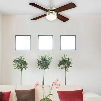 Westinghouse Colosseum ventilator met licht nikkel geborsteld, zilver, donker esdoorn, wit opaal