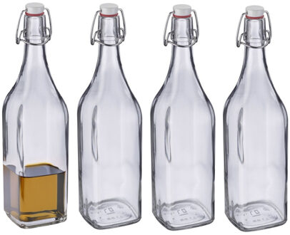 Westmark Beugelfles / Weckfles - 4x - transparant glas - luchtdicht - 1 liter - waterfles - vierkant
