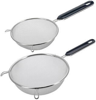 Westmark Keuken vergieten - 2x stuks - met handvat - zwart/zilver - rvs - D10 en D18 cm