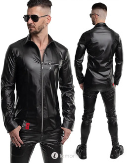 Wetlook shirt lange mouw zwart slim fit, Pasquale - Maat: S