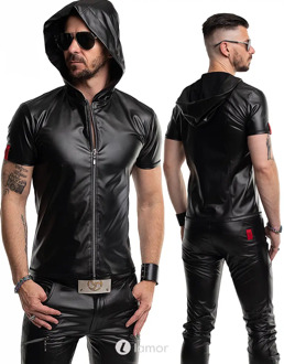 Wetlook T-shirt met rits zwart slim fit, Ettore - Maat: S