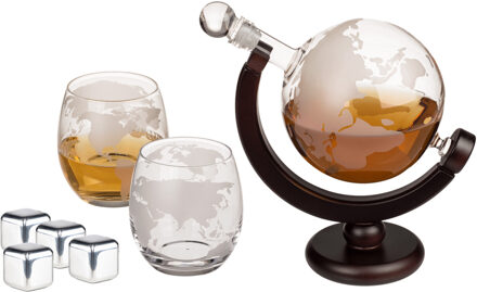 Whiskey karaf cadeau set - met 2 glazen en koelstenen - 850 ml - wereldbol