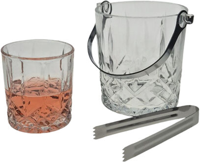 Whiskey set - 4 glazen en ijsemmer - met tang - glas - kristal