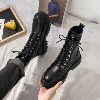 White Black PU Leather Ankle Boots Women Autumn Winter Round Toe Lace Up Shoes Woman Fashion Motorcycle Platform Botas