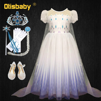 White Sequins Girls Elsa Dress Long Fairy Tail Elza Frocks Fluffy Girl Christmas Dress Halloween Carnival Elsa Costume Fantasia