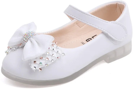 White Shoes For Girls Kids Wedding Dress Shoes Bow-knot Bowtie Sweet Crystal Children's Leather Flats Toddlers Girls Shoes 22-31