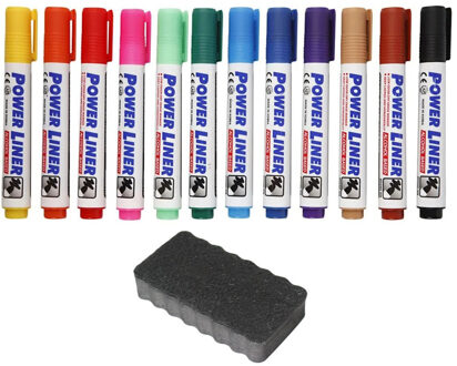 Whiteboard stiften 12x gekleurd - en een whiteboard wisser - complete set