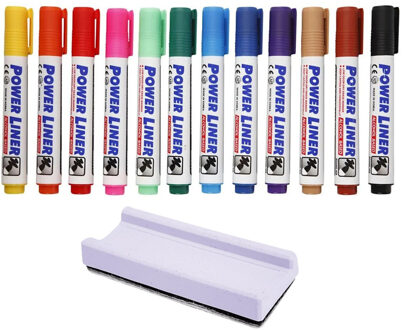 Whiteboard stiften 12x gekleurd - en een whiteboard wisser - complete set