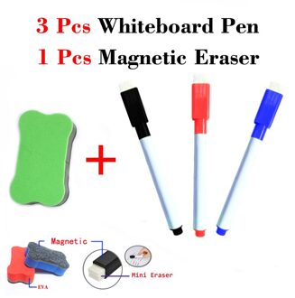 Whiteboard Water Kleur Pennen Magnetische Gum School White Board Nevera Marker Pen Droog Vegen Gum Rubber Borstel Koelkast 3Pen-1Eraser