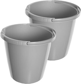 Whitefurze Emmer - 2x stuks - 10 liter - Kunststof - Grijs - 29 x 29 x 27 cm