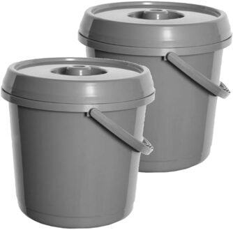 Whitefurze Emmer met deksel - 2x stuks - 14 liter - Kunststof - Grijs - 30 x 30 x 30 cm