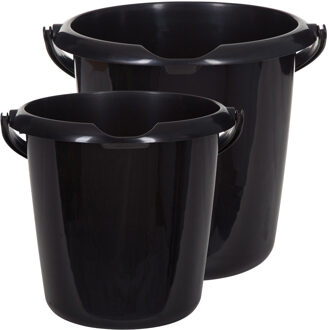 Whitefurze Emmers - 2x stuks - 5 liter en 10 liter - Kunststof - Zwart - Emmers