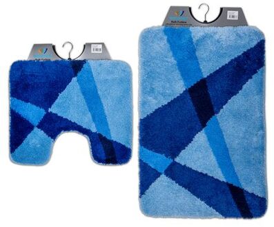 Wicotex-Badmat set met Toiletmat-WC mat-met uitsparing blauw gestreept-Antislip onderkant
