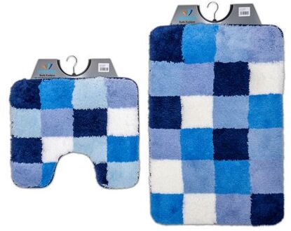Wicotex-Badmat set met Toiletmat-WC mat-met uitsparing blauw wit geblokt-Antislip onderkant