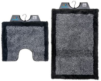 Wicotex-Badmat set met Toiletmat-WC mat-met uitsparing grijs met zwarte rand-Antislip onderkant