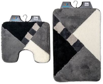 Wicotex-Badmat set met Toiletmat-WC mat-met uitsparing grijs-zwart-wit geblokt-Antislip onderkant Taupe