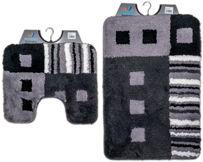 Wicotex-Badmat set met Toiletmat-WC mat-met uitsparing modern zwart grijs wit-Antislip onderkant