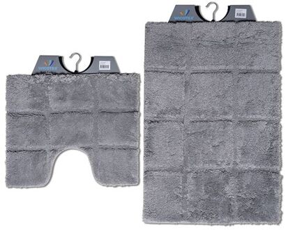 Wicotex-Badmat set met Toiletmat-WC mat-met uitsparing ruit grijs-Antislip onderkant