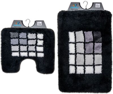 Wicotex-Badmat set met Toiletmat-WC mat-met uitsparing zwarte rand geblokt-Antislip onderkant