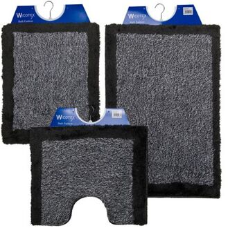 Wicotex-Badmatset-Badmat-Toiletmat-Bidetmat grijs met zwarte rand