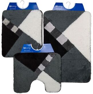 Wicotex-Badmatset-Badmat-Toiletmat-Bidetmat grijs-zwart-wit geblokt Multikleur