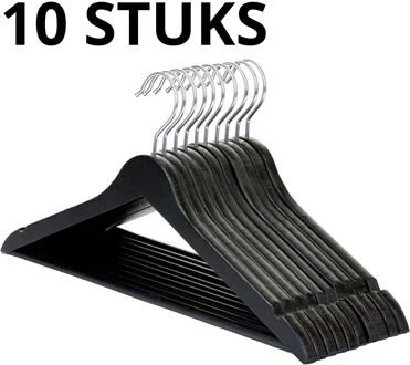 Wicotex Kledinghanger hout - Kleerhangers, 10 stuks, met rok inkepingen en broekspijpen, draaibare haak, Zwart