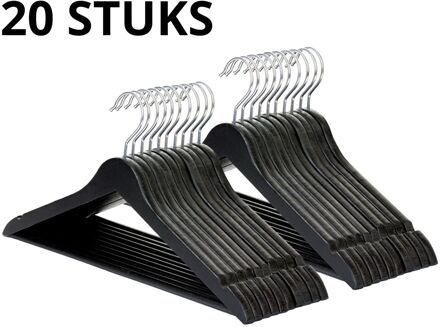 Wicotex Kledinghanger hout - Kleerhangers, 20 stuks, met rok inkepingen en broekspijpen, draaibare haak, Zwart