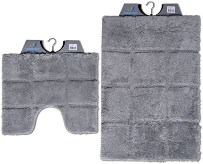 Wicotex Wicotex-Badmat set met Toiletmat-WC mat-met uitsparing ruit grijs-Antislip onderkant