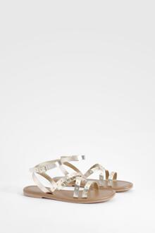 Wide Fit Leather Studded 2 Part Sandals, Gold - 37