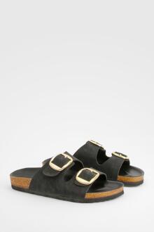 Wide Fit Oversized Buckle Double Strap Footbed Sliders, Black - 3