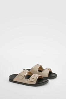 Wide Fit Stud Detail Double Strap Buckle Sliders, Taupe - 3