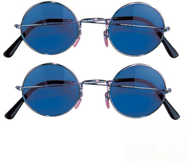 Widmann 2x stuks Hippie Flower Power Sixties ronde glazen zonnebril blauw