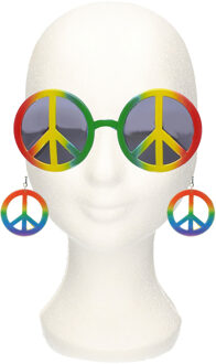 Widmann Carnaval Sixties/Hippie/Flower Power Peace oorbellen en zonnebril verkleed set