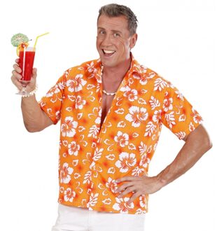 Widmann Hawaii blouse oranje met witte bloemen verkleedkleding voor heren M/L - Carnavalsblouses